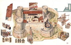 Particolare della veduta aerea del castello aragonese di Venosa costruito da Pirro del Balzo nel 1470, vicino a Potenza in Basilicata, Italia Le coppe permettono di vedere i prigionieri nelle celle all