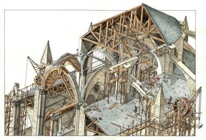 Arte gotica: ricostruzione del cantiere di una cattedrale gotica, gli operai arrampicati sulle impalcature usano le carrucole. XIII secolo Illustrazione di Giorgio Albertini. (L
