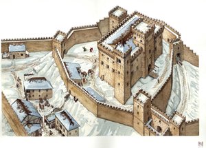 Architettura medievale: ricostruzione del castello della città di Udine nel XIV secolo. Italia Illustrazione di Giorgio Albertini. (L