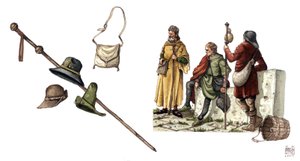Moda medievale: costume pelerino tra il XII e il XIV secolo, borsa, cappelli, bastone, tuniche. da Giorgio Albertini