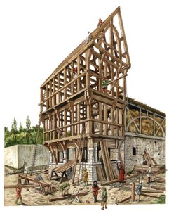 Medioevo: un cantiere in una regione della Francia settentrionale nel XIV secolo, carpentieri e falegnami lavorano alla struttura in legno di un fienile. Illustrazione di Giorgio Albertini. (L