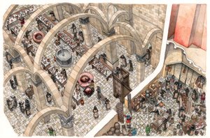 Medioevo: il refettorio e la cucina di un monastero. Lavoro religioso per preparare i pasti della comunità. 12° o 13° secolo da Giorgio Albertini