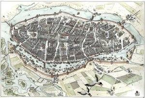 Medioevo: veduta aeriana della città di Lubecca in Germania con mappa stradale, che mostra la sua posizione geografica su un