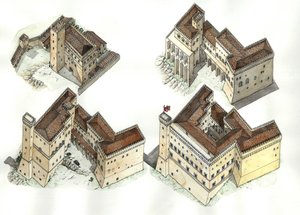 Medioevo: veduta aeriana delle varie fasi di costruzione del Palazzo Vaticano (Vaticano) tra il XII e il XV secolo. Roma Italia