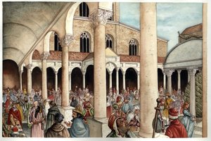 Medioevo: fideles, pelerins, mercanti e romani rappresentati nel XIII secolo nel peristilio (ingresso) dell
