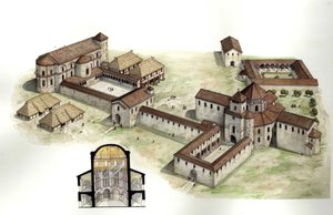 Medioevo: panoramica e sezione trasversale che ricostruisce il palazzo di Carlo Magno (ca. 742-814) realizzato dall