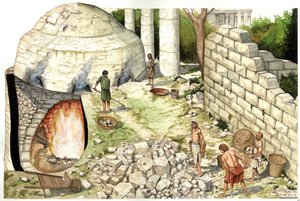 Medioevo: ricostruzione di una fornace per la calce (chaufour), operai lavorano il calcare. Illustrazione di Giorgio Albertini. (L