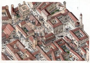 Medioevo: ricostituzione dello storico quartiere Barri Gotic (barrio gotico) di Barcellona nel XIV secolo. È visibile la Cattedrale Sainte-Eulalie (Santa Eulalia). Spagna Illustrazione di Giorgio Albertini. (L
