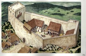 Medioevo: ricostruzione del castello cataro di Montsegur (completato nel XIII secolo), Ariege, Francia.