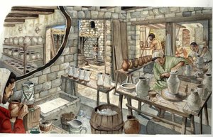 Medioevo: rappresentazione di una bottega di ceramisti e vasai nel XIV secolo. da Giorgio Albertini