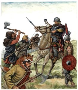 Medioevo: scena della battaglia di Roncesvaux (Paesi Baschi spagnoli), cavaliere franco dell