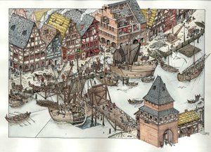 Medioevo: veduta delle attività commerciali intorno al porto di Lubecca, sul Mar Baltico. XIV secolo. Germania