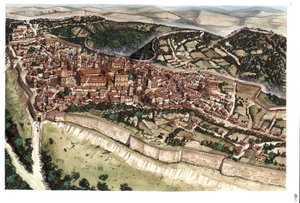 Medioevo: veduta della città medievale di Volterra, circondata da bastioni, nel XIV secolo. Toscana. Italia Illustrazione di Giorgio Albertini. (L