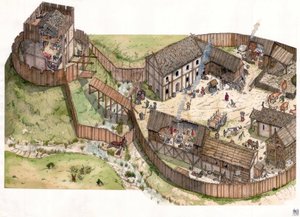 Medioevo: villaggio costruito sul bordo di un fiume, bastioni in legno e una torre fortificata. XI secolo