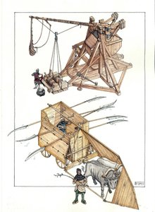 Medioevo: macchina da guerra, modello di catapulta e carro armato sparato da buoi con lance affilate.