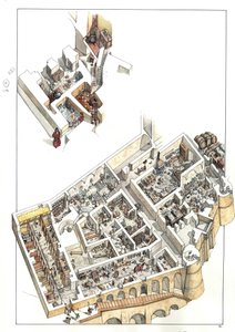 Ricostruzione in vista del taglio dei sotterranei dove si trova il piano dei servizi (abitazioni domestiche, bagni, cucina, scuderie) nel palazzo ducale della città di Urbino, in Italia. Fu costruito dal duca Federico da Montefeltro (Frederic de Mont da Giorgio Albertini