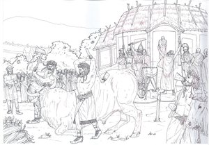 Antichità romana: scena del sacrificio di un toro in omaggio a Giove presso il lago di Nemi, Roma. da Giorgio Albertini