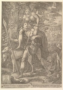 Allegoria della caccia, un cacciatore che tiene una grande lancia portando una donna Diana sulle spalle, 1556 da Giorgio Ghisi