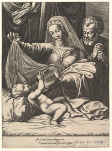 Madonna di Loreto, la Vergine solleva un velo sopra il Bambino, che giace su un letto e un cuscino, 1575 da Giorgio Ghisi