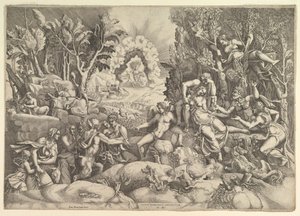La morte di Procri, Cefalo piange la morte di Procri a destra circondato da..., ca. 1540 da Giorgio Ghisi