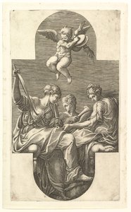 Tre Muse e un Putto con Cembali, una composizione cruciforme, da una serie di otto..., 1560s da Giorgio Ghisi