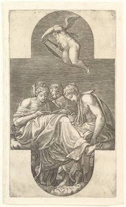 Tre Muse e un Putto con una Lira, una composizione cruciforme, da una serie di otto comp da Giorgio Ghisi