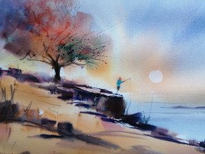 Pescatore al tramonto sulla costa