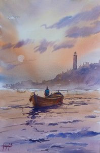 Barca al faro al tramonto da Giorgio Gosti