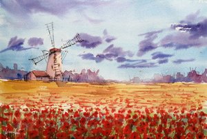 Un vivace campo di papaveri vicino al mulino a vento da Giorgio Gosti