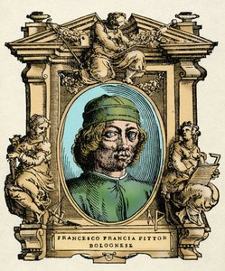 Ritratto di Francesco Francia (1450-1517) pittore italiano. Incisione del trattato “Le Vite dei più eccellenti pittori, scultori e architetti” di Giorgio Vasari