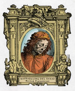 Ritratto di Raffaellino del Garbo (Raffaellino de Carli) (1466-1525) pittore italiano. Incisione del trattato “Le Vite dei più eccellenti pittori, scultori e architetti” di Giorgio Vasari