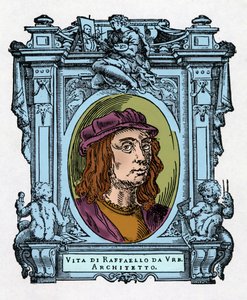 Ritratto di Raffaello (Raffaello Sanzio 1483 - 1520) architetto e pittore italiano. Incisione dal trattato "Le Vite de
