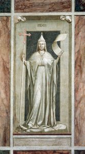 Fede, figura femminile che tiene la Croce e un rotolo simbolo della Verità Rivelata, mentre distrugge un idolo e sta sui simboli della Kabbalah, ciclo di affreschi I Vizi e le Virtù, dopo il restauro, Cappella degli Scrovegni, Padova, Veneto, Italia da Giotto (c.1266 1337)