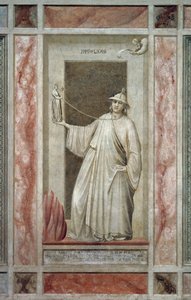 Infedeltà (anche chiamata Idolatria), figura maschile che si allontana da Dio e tiene un idolo che lo tiene legato al collo, di Giotto, dettaglio dal ciclo di affreschi I Vizi e le Virtù, dopo il restauro, Cappella degli Scrovegni, Padova, Veneto, Italia da Giotto (c.1266 1337)