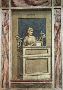Prudenza, figura femminile seduta a una scrivania, guarda al passato per imparare dall