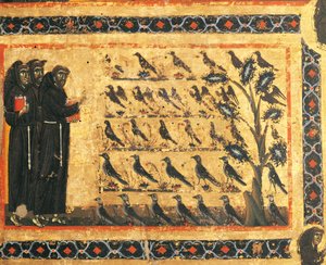 Storie di San Francesco: San Francesco predica agli uccelli, affresco di Giotto, ca 1325. Cappella Bardi di Vernio, Basilica di Santa Croce, Firenze