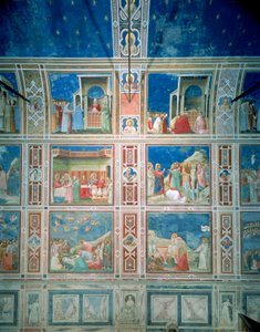 Vista degli affreschi sulla parete sinistra, c.1303-05 (affresco) (post-restauro)
