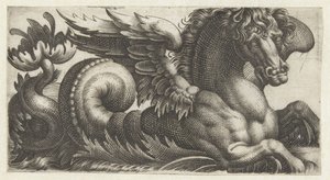 Cavalluccio marino alato con una foglia aperta alla fine della coda da cui spuntano due stami da Giovanni Andrea Maglioli