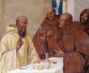 Benedetto rompe un bicchiere di vino avvelenato facendo il segno della croce (dettaglio). Affresco del chiostro di Antonio Bazzi detto il Sodoma (1477 - 1549) che racconta la vita di San Benedetto da Norcia (480 - 567) fondatore dell