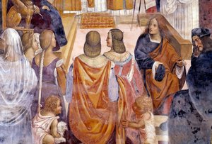 Benedetto scomunica due suore e le assolve dopo la loro morte (dettaglio). Affresco del chiostro di Antonio Bazzi detto il Sodoma (1477 - 1549) che racconta la vita di San Benedetto da Norcia (480 - 567) fondatore dell