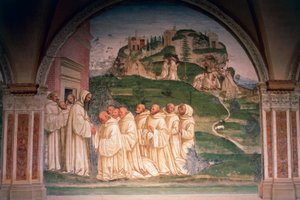 San Benedetto supplicato dai monaci, produce acqua dalla cima della montagna, scena da Storie di San Benedetto di Monte Oliveto Maggiore da Giovanni Antonio Bazzi Sodoma