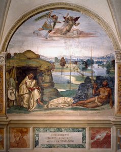 San Benedetto trionfa sulla tentazione gettandosi nudo in un cespuglio di spine, mentre un angelo combatte contro il demone affresco del refettorio dei monaci realizzato da Antonio Bazzi detto il Sodoma (1477 - 1549) che racconta la vita di San Benedetto (