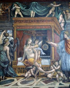 Sala delle Nozze di Alessandro e Rossana, dettaglio di Rossana nella sua camera da letto presentata con una corona da Alessandro (dettaglio)