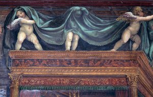 Sala delle Nozze di Alessandro e Rossana, dettaglio di putti che giocano sotto il baldacchino del letto (dettaglio) da Giovanni Antonio Bazzi Sodoma