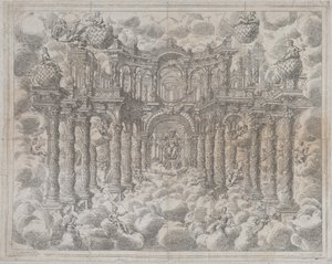 Scena teatrale con figure allegoriche sedute tra le nuvole da Giovanni Antonio Lorenzini