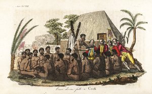 I nativi hawaiani offrono un maiale sacrificale al Capitano James Cook davanti a 12 sacerdoti e un idolo di legno nella casa sacra di Orono. Incisione a mano colorata da Sasso su disegno di John Webber dal libro di Giulio Ferrario 