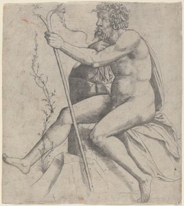 Uomo seduto con un bastone biforcuto