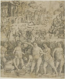Sette Cupidi con Due Arieti in un Paesaggio da Giovanni Antonio da Brescia