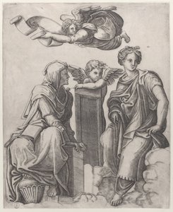 Due figure femminili sedute tra le nuvole affiancano un angelo e un altro che vola sopra da Giovanni Antonio da Brescia
