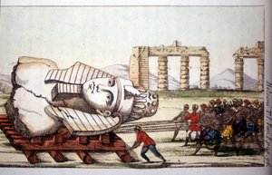 Trasporto del busto di Memnone sulle rive del Nilo da Belzoni. Giovanni Battista (Gianbattista) Belzoni (1778-1823), esploratore e archeologo italiano, ha fatto importanti scoperte archeologiche in Egitto. Incisione - in "Viaggio in Egitto e" da Giovanni Battista (after) Belzoni
